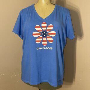 Life is Good Crusher Tee Blue W/Red White & Daisy Patriotic SS V-Neck Wms Sz XL